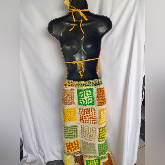 Bohemian 3 Pc Festival Outfit with Yellow Fringe Top, Crochet Skirt, & Cover-up - Picture 6 of 6